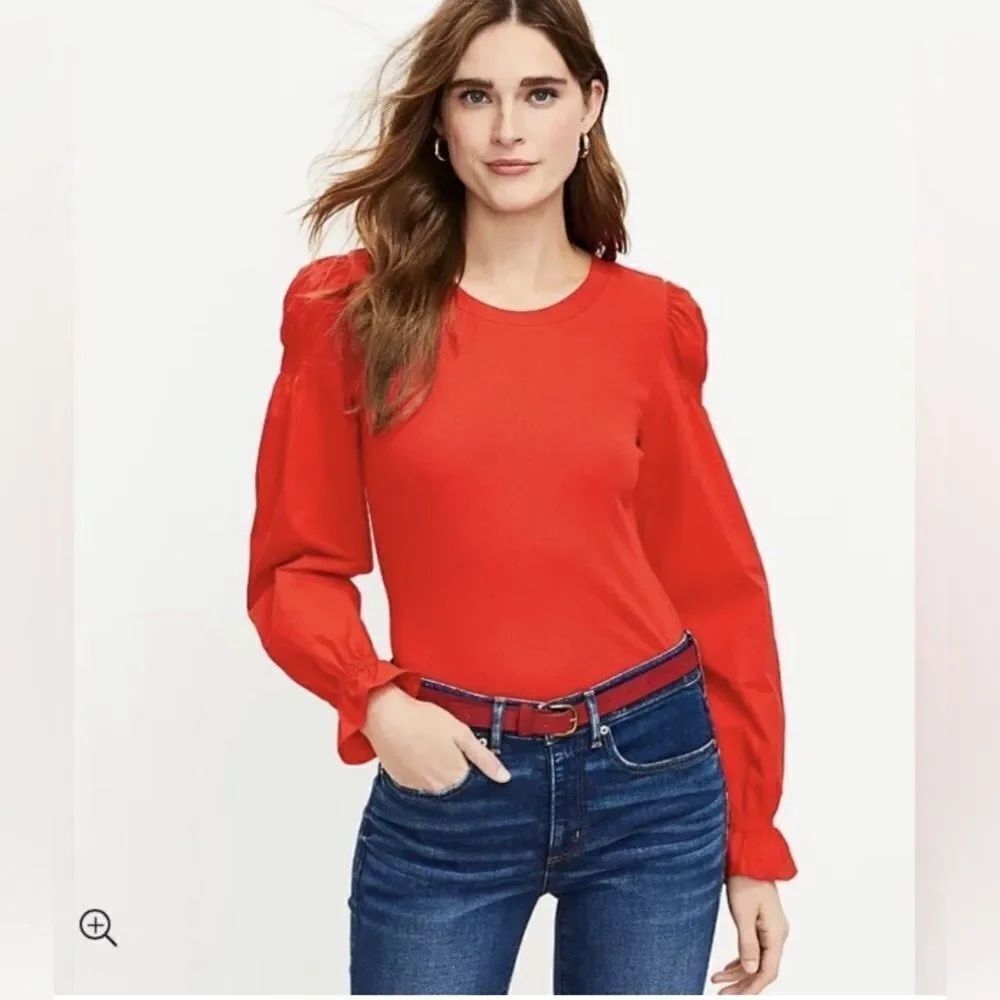 LOFT Ruffle Cuff Mixed Media Blouse - Viva Red - Size Medium